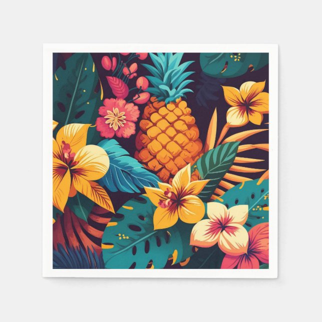 Hawaiian blossom tropical floral pineapple pattern napkins (Front)