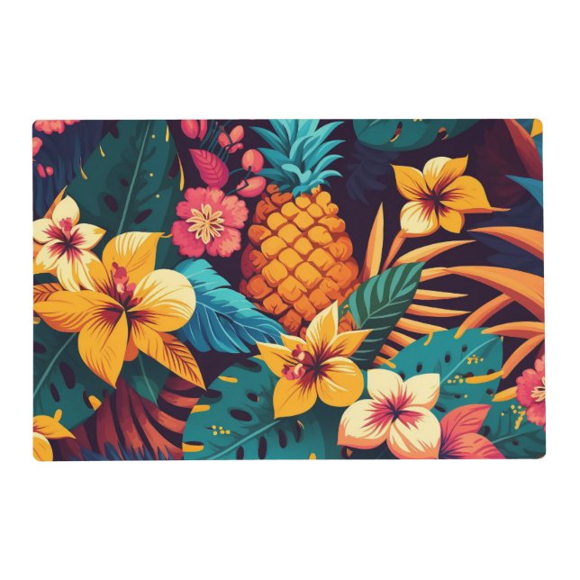 Hawaiian blossom tropical floral pineapple pattern placemat (Front)