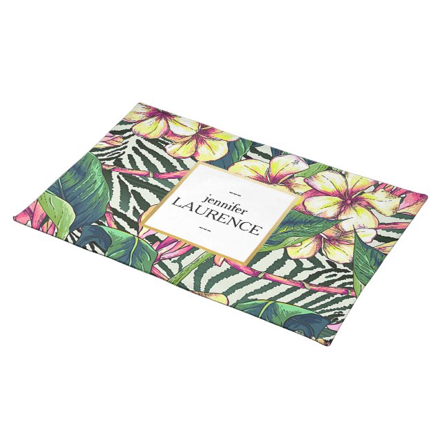 Hawaiian Bold Plumeria Floral Personalized Placemat (On Table)