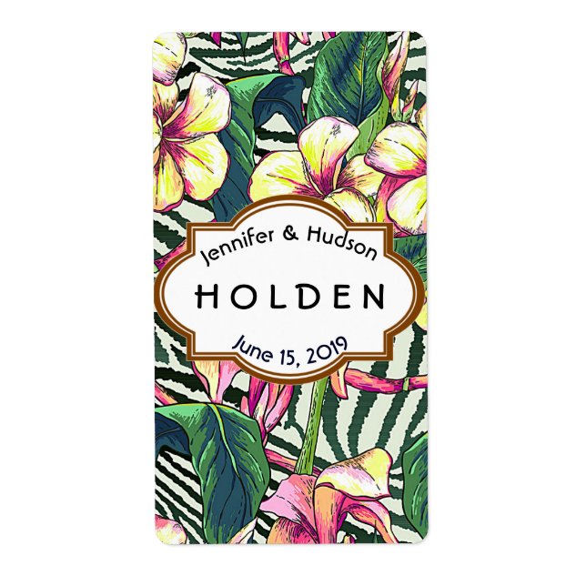 Hawaiian Bold Plumeria Floral Wedding Custom Wine Label (Front)