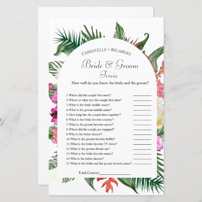 Hawaiian bride & groom trivia bridal shower game (Front/Back)