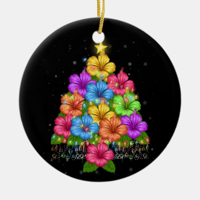 Hawaiian Christmas Hibiscus Flower Tree Hawaii Ceramic Ornament (Front)