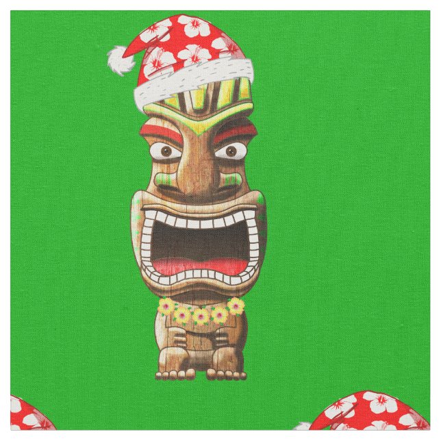 Hawaiian Christmas Santa Tiki Fabric (Close Up)