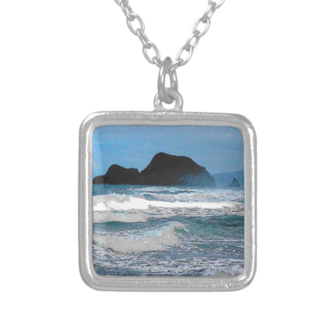 Hawaiian Coastal Island Ocean Tropical Paradise SQ Silver Plated Necklace (Front)