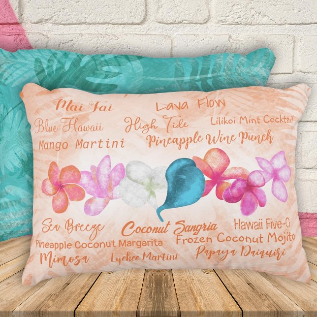 Hawaiian Cocktails Tropical Plumeria Flowers Accen Accent Pillow (Coral Orange, Pink, Turquoise Throw Pillow, Tropical Hawaiian Flowers Popular Cocktail Names)