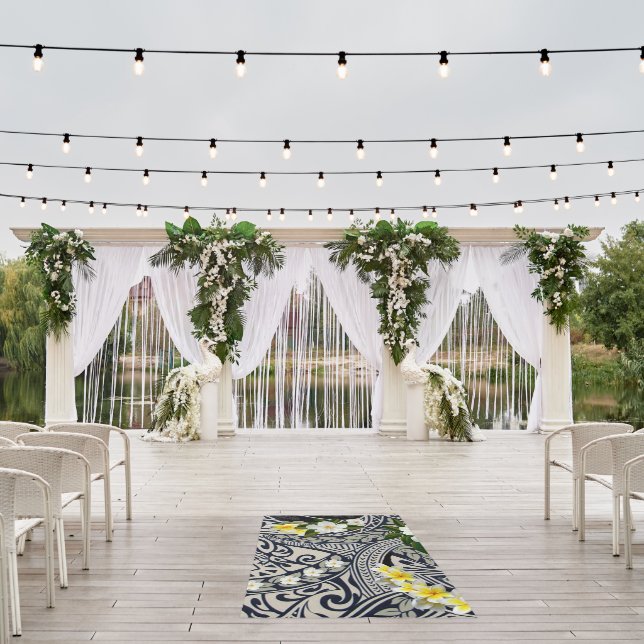 Hawaiian Contemporary Tapa and Plumeria Fusion Outdoor Rug (Insitu (Wedding 1))