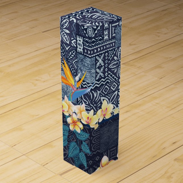 Hawaiian Contemporary Tapa and Plumeria Wine Box (Front)