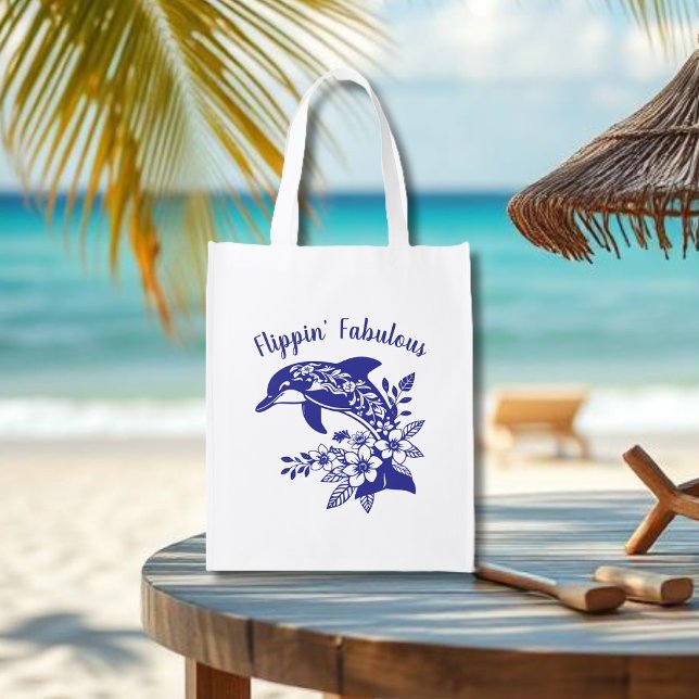 Hawaiian Dolphin-Flippin' Fabulous-Blue Grocery Bag (Hawaiian Dolphin, Flippin Fabulous, Islander Summer, Beach, Fisherman Trend, tote)