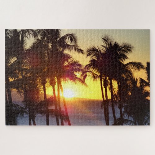 Hawaiian Exotic Beach Palm Trees Sunset Scenic Jigsaw Puzzle