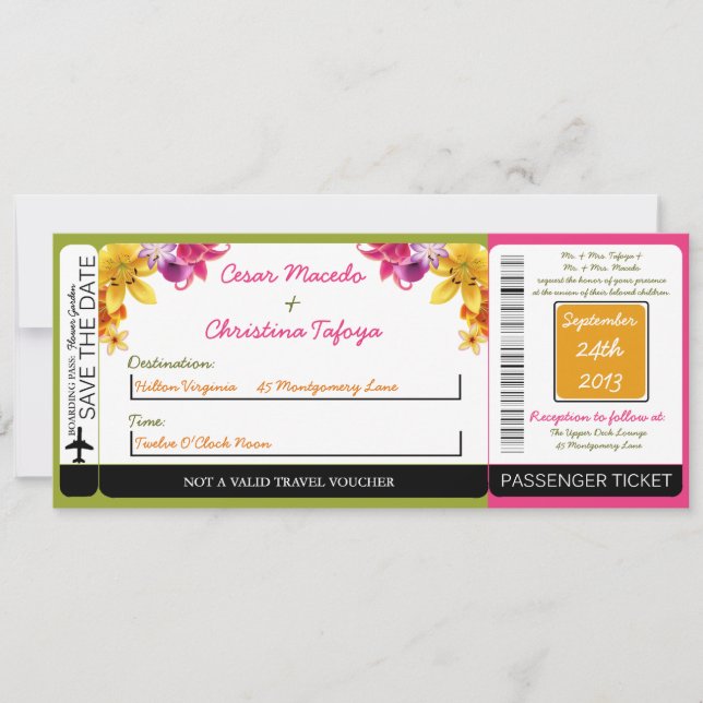 Hawaiian Exotic Boarding Pass Wedding Invitation (Front)