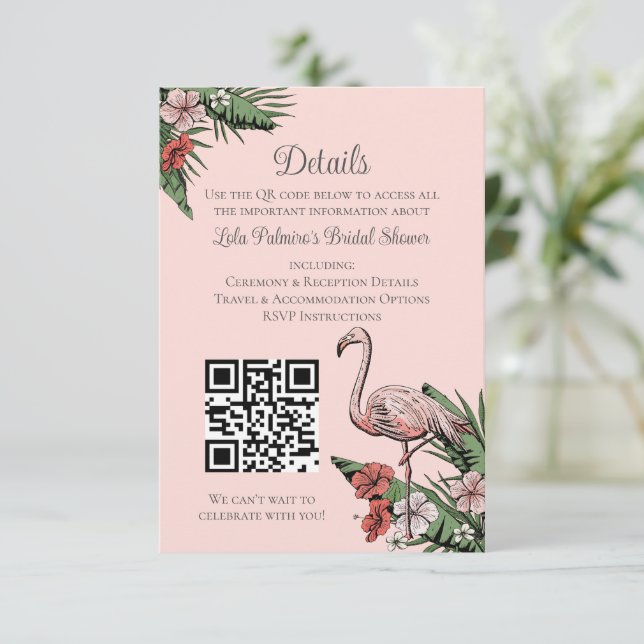 Hawaiian Flamingo Bridal Shower Website QR Code Enclosure Card (Standing Front)