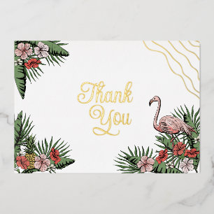 Hawaiian Flamingo & Hibiscus Gold Thank You Foil Invitation