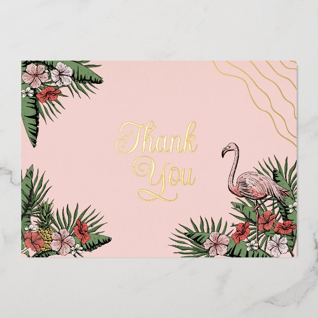 Hawaiian Flamingo & Hibiscus Pink & Gold Thank You Foil Invitation (Front)