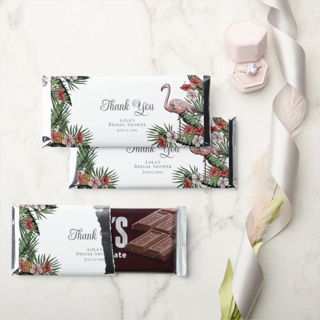Hawaiian Flamingo & Tropical Hibiscus Thank You Hershey Bar Favors (Front)