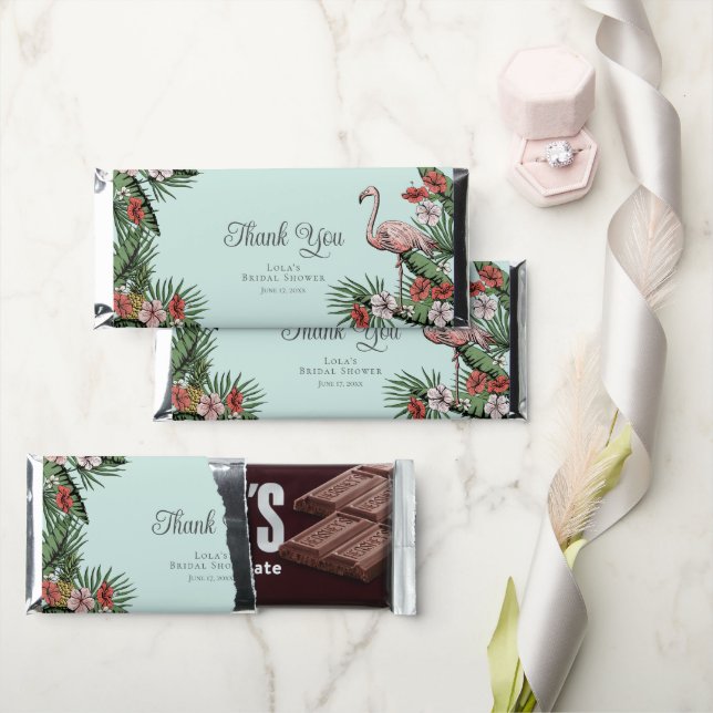 Hawaiian Flamingo & Tropical Hibiscus Thank You Hershey Bar Favors (Front)