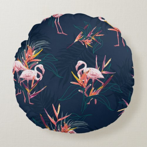Hawaiian Flamingo Tropical Vintage Artwork Round Pillow