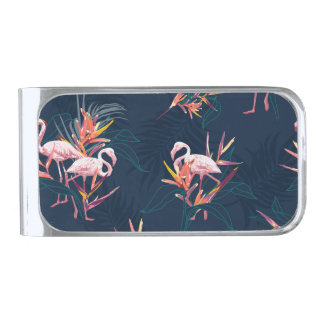 Hawaiian Flamingo: Tropical Vintage Artwork Silver Finish Money Clip