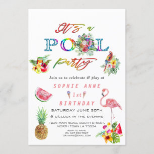 Hawaiian Floral Fruits Birds Pool Birthday Invitation