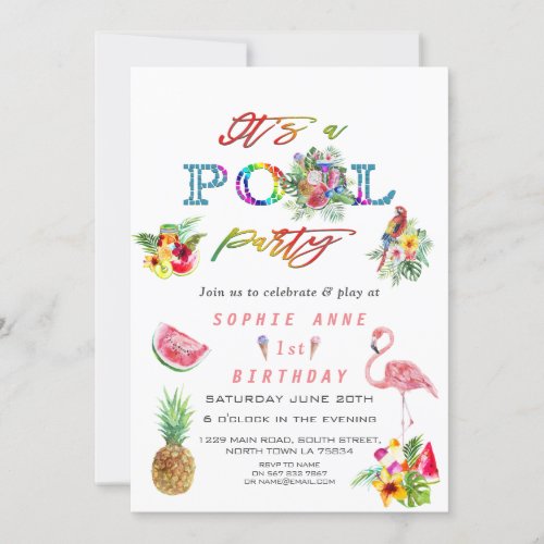 Hawaiian Floral Fruits Birds Pool Birthday Invitation