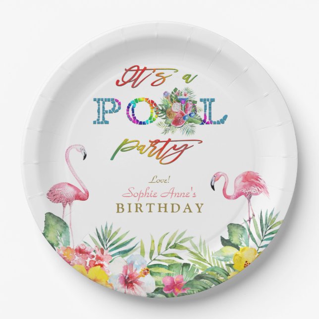 Hawaiian Floral Fruits Birds Pool Birthday Paper Plates (Front)