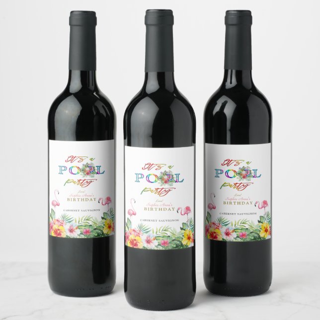 Hawaiian Floral Fruits Birds Pool Birthday Wine Label (Bottles)