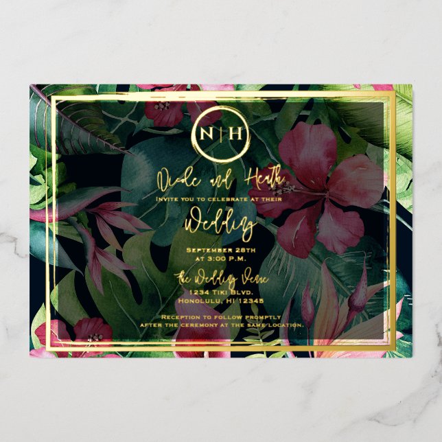 Hawaiian Floral Greenery Paradise Gold Wedding   Foil Invitation (Front)