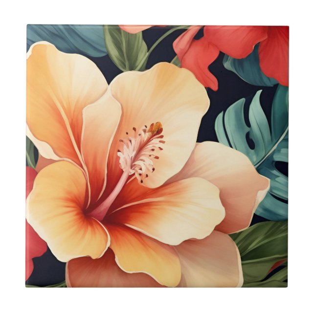 Hawaiian Floral Hibiscus Flower Ceramic Tile (Front)