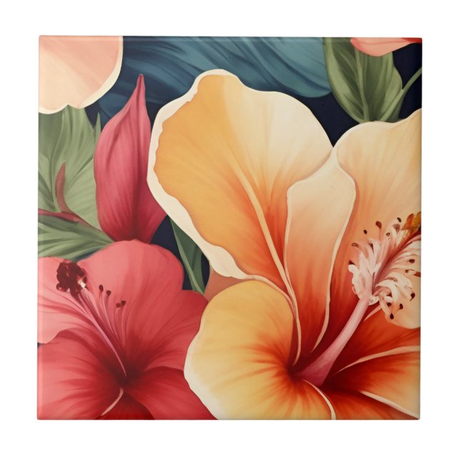 Hawaiian Floral Hibiscus Flower Ceramic Tile (Front)