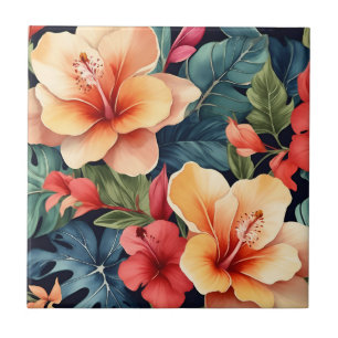 Hawaiian Floral Hibiscus Flowers Ceramic Tile