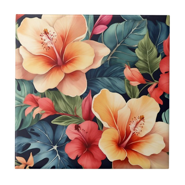 Hawaiian Floral Hibiscus Flowers Ceramic Tile (Front)