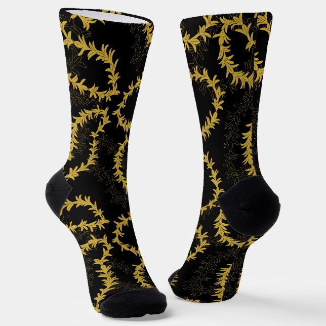 Hawaiian Floral Lei Garland Patterned Black Socks (Angled)