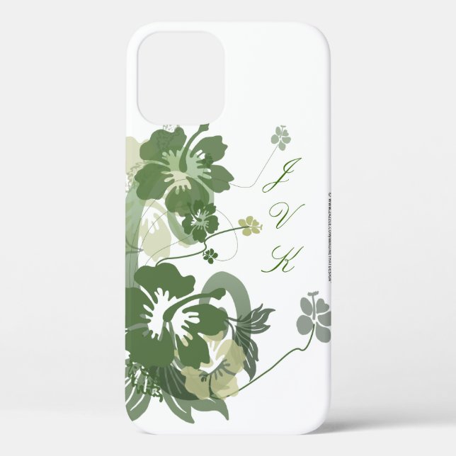 Hawaiian Floral Pattern in Green Monogrammed Case- Case-Mate iPhone Case (Back)
