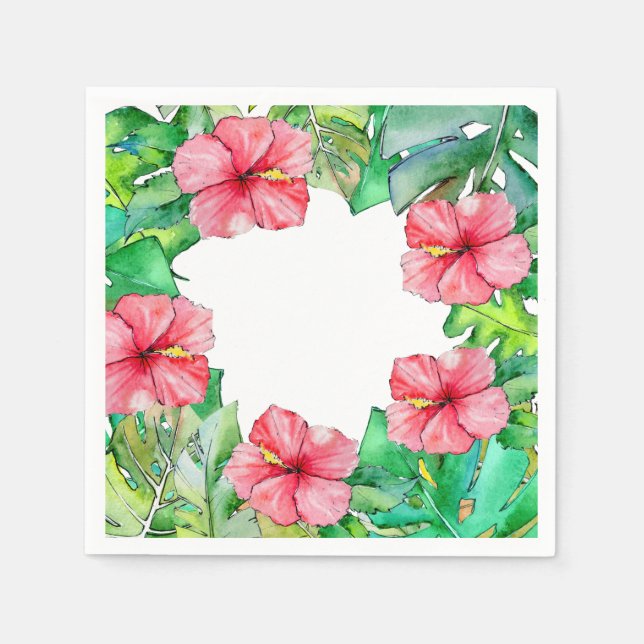 Hawaiian Floral Pink Hibiscus Tropical Leaves  Napkins (Front)