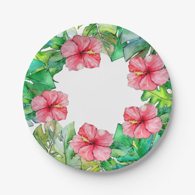 Hawaiian Floral Pink Hibiscus Tropical Leaves Paper Plates (Front)