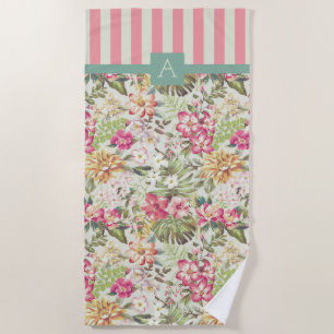 Hawaiian Floral & Stripes Monogram Beach Towel