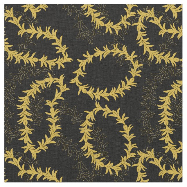 Hawaiian Flower Garlands Patterned Black and Gold Fabric (Close Up)