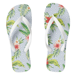 Hawaiian Flower Pattern Pastel Blue Geometric Patt Flip Flops