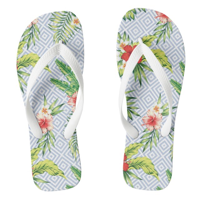 Hawaiian Flower Pattern Pastel Blue Geometric Patt Flip Flops (Footbed)