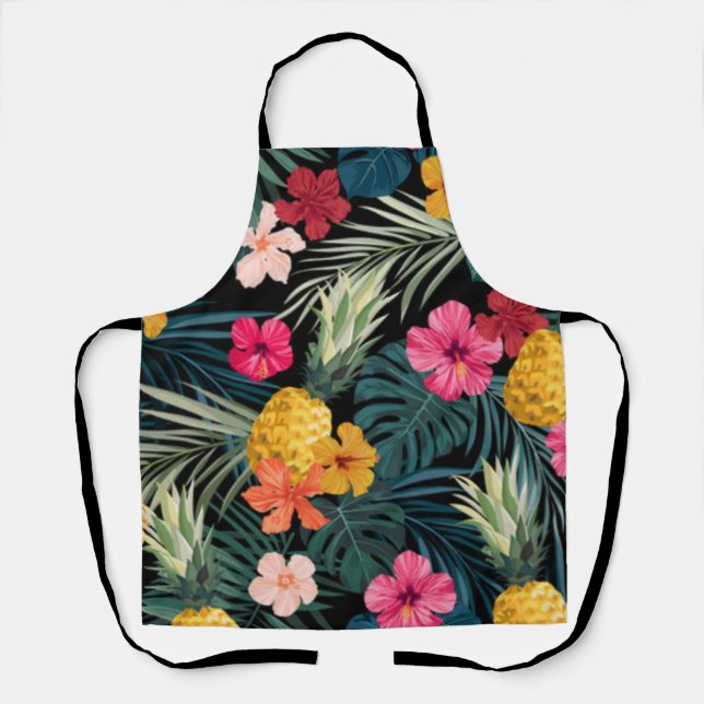 Hawaiian Flower Print Cotton Kitchen Apron (Front)
