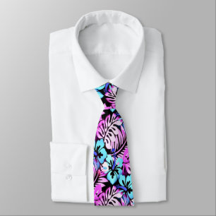 Hawaiian Flowered Pattern Pink Aqua Blue Neck Tie