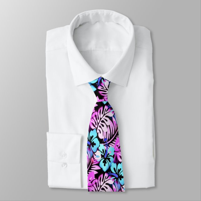 Hawaiian Flowered Pattern Pink Aqua Blue Neck Tie (Tied)