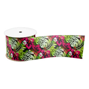 Hawaiian Flowered Pattern Tropical Christmas Satin Ribbon