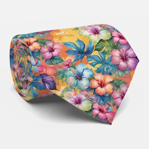 Hawaiian Flowered Pattern Tropical Colors Neck Tie