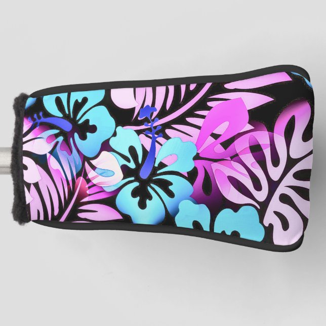 Hawaiian Flowered Pattern Tropical Pink Aqua Blue Golf Head Cover (Front)