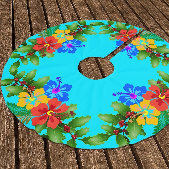 Hawaiian Flowers Hibiscus Aqua Brushed Polyester Tree Skirt (Creator Uploaded)