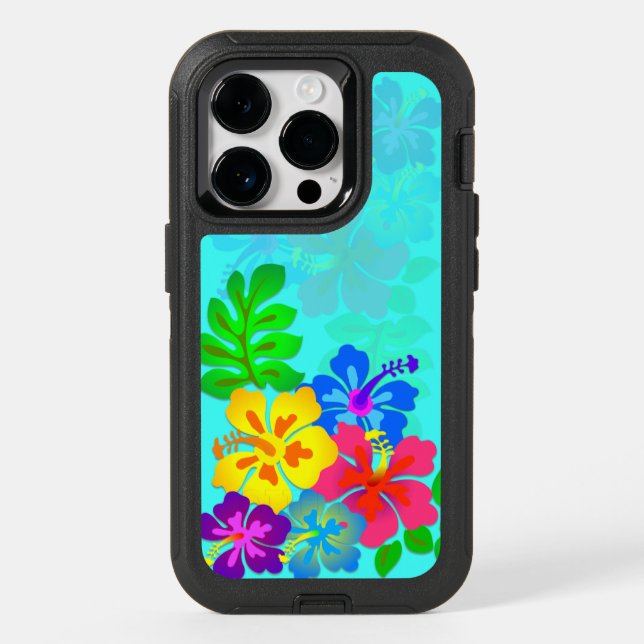 Hawaiian Flowers Hibiscus Leaves Aqua Otterbox iPhone Case (Back)
