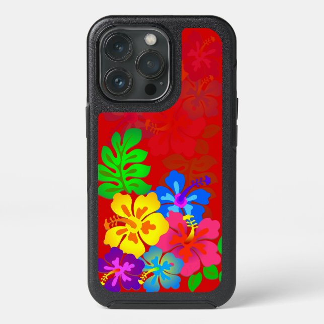 Hawaiian Flowers Hibiscus Leaves Red Otterbox iPhone Case (Back)