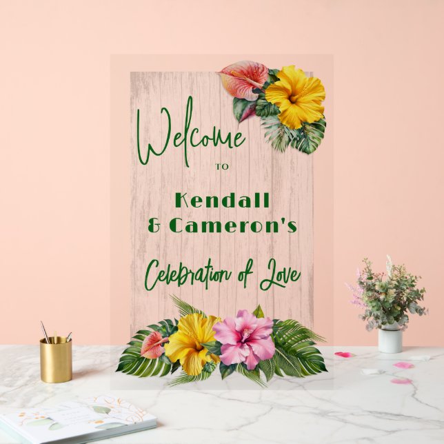 Hawaiian Flowers Wedding Welcome Acrylic Sign (Wedding)
