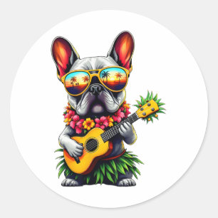 Hawaiian French Bulldog & Pineapple Ukulele Su Classic Round Sticker