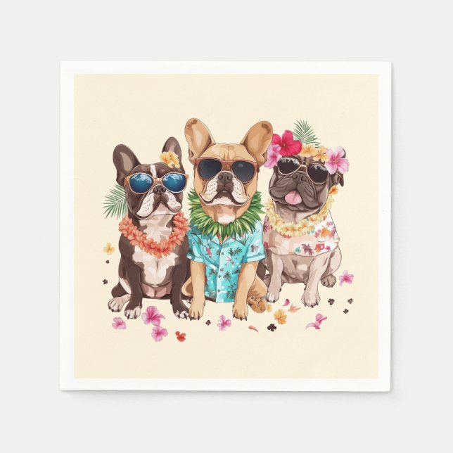 Hawaiian French Bulldogs Flower Lei Napkins (Front)